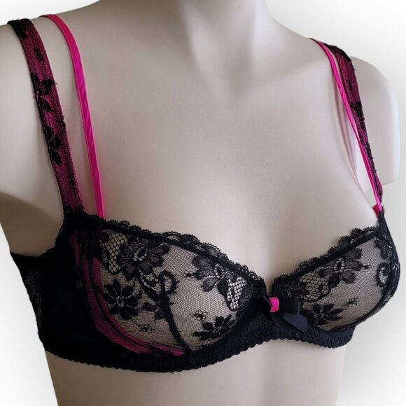 Agent Provocateur Maddy Balconette Bra Fuchsia Black Lace Silk Satin 34C - Picture 5 of 15